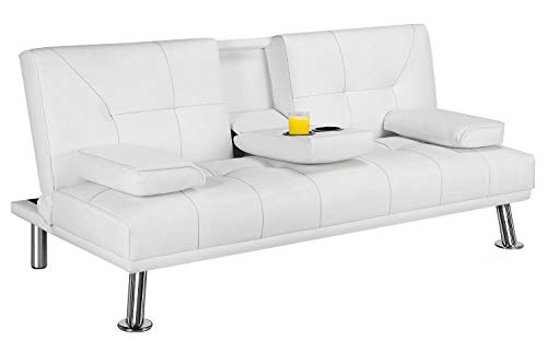 YAHEETECH Futon Sofa Bed Sleeper Sofa Modern Faux Leather Futon Convertible Sofa with Armrest Home Recliner Couch Home Furniture White