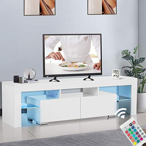 Mecor Modern White TV Stand, 12 Colors LED TV Stand w/Remote Control Lights,High Gloss TV Cabinet w/Storage&amp;2 Drawers，65 Inch Entertainment Center for Living Room