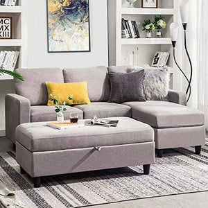 HONBAY Grey Sectional Couch with Ottoman, Convertible L Shaped Chaise Sofa Set Sectional with Left or Right Facing (Grey)