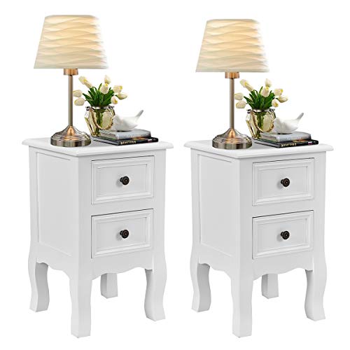 Giantex Nightstand Wooden Mini W/ 2 Storage Drawers for Living Room Bedroom Kid's Room Storage Accent Home Funiture End Table (2, White)
