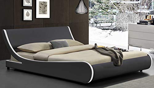 Amolife Modern Queen Platform Bed Frame with Adjustable Headboard,Mattress Foundation Deluxe Solid Faux Leather Bed Frame with Wood Slat Support (Grey with White Border, Queen)