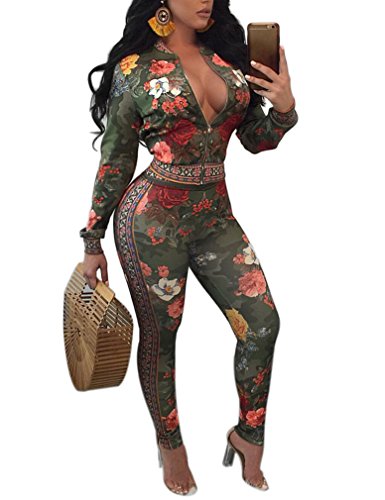 Remelon Womens 2 Piece Outfits Floral Print Jacket Suit Bodycon Pants Sweatsuits