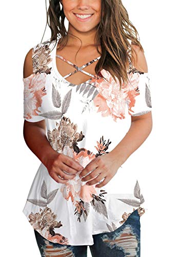 SMALNNIE Women's Criss Cross Cold Shoulder V Neck Short Sleeve Summer T Shirts