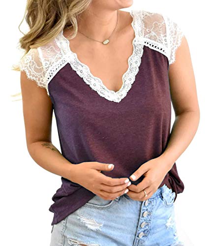 Kinlonsair Women Crochet Lace Basic V-Neck T-Shirt Short Sleeve Loose Fitting Tunic