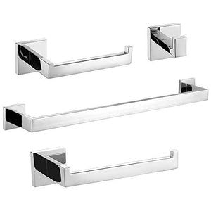 Turs 4-Piece Square Bathroom Hardware Accessory Set Towel Bar Hand Towel Holder Toilet Paper Holder Towel Robe Hook SUS304 Stainless Steel Wall Mount,Polished