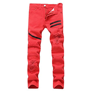 LONGBIDA Men's Ripped Straight Holes Hip Hop Biker Stretchy Slim Fashion Jeans