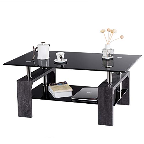Tangkula Rectangle Glass Coffee Table, Clear Coffee Table with Lower Shelf Wooden Legs, Center Tables for Living Room (Black)