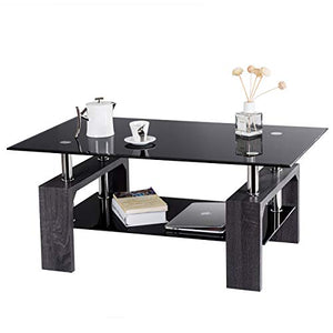 Tangkula Rectangle Glass Coffee Table, Clear Coffee Table with Lower Shelf Wooden Legs, Center Tables for Living Room (Black)