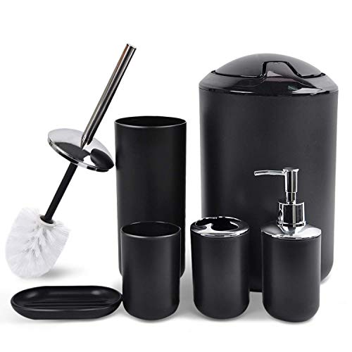 CERBIOR Bathroom Accessories Set 6 Piece Bath Ensemble Includes Soap Dispenser, Toothbrush Holder, Toothbrush Cup, Soap Dish for Decorative Countertop and Housewarming Gift, Matte Black