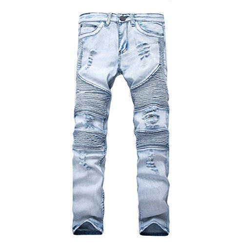LONGBIDA Destroyed Mens Slim Denim Straight Biker Skinny Jeans Casual Long Men Ripped Jeans
