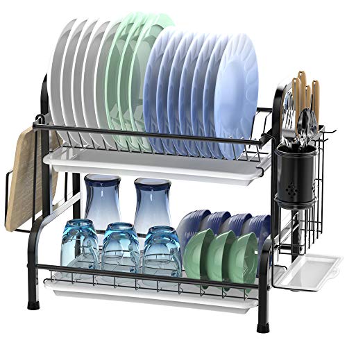 Dish Drying Rack, Warmfill Stainless Steel 2 Tier Dish Rack with Drain Board, Utensil Holder and Dish Drainers for Kitchen Counter, Space Saving Drying Rack, Black