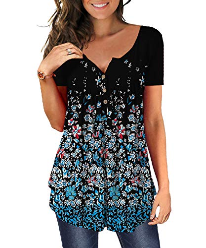 MAYAMANG Women's Floral Tunic Tops Casual Blouse V Neck Short Sleeve Buttons Up T-Shirts