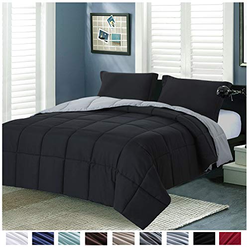 Homelike Moment Lightweight Comforter Set Queen Black All Season Down Alternative Comforter Set Summer Duvet Insert 3 Piece - 1 Comforter with 2 Shams Reversible Full Queen Size Black/Light Grey