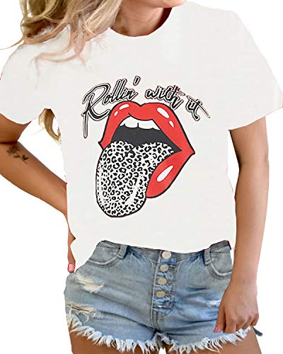 Kinlonsair Women's Short Sleeve Animal Leopard Lip Print T Shirt Summer Basic Tops