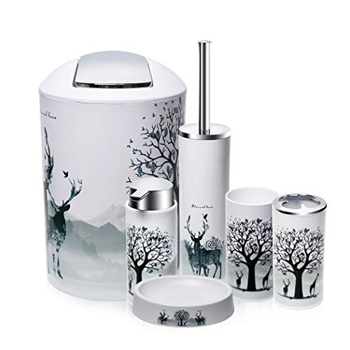 O2 Tech 6 Piece Bathroom Accessories Set,Plastic Bath Ensemble Bath Set Lotion Bottles, Toothbrush Holder, Tooth Mug, Soap Dish, Toilet Brush, Trash Can (Elk)