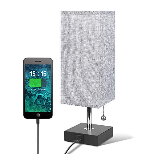 USB Table Desk Lamp, Grey Bedside Nightstand Lamp with USB Charging Port, Solid Wood Unique Lampshade,Convenient Pull Chain for Bedroom Living Room