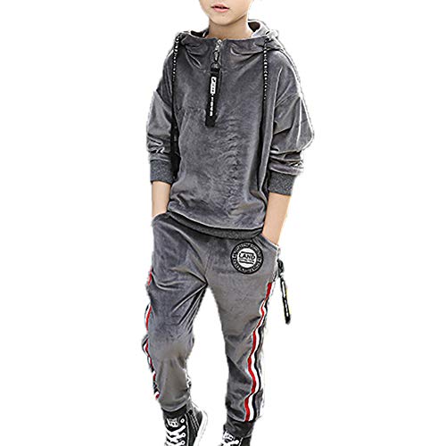 Monvecle Little to Big Boys' 2pcs Warm Velour Hoodie Tracksuit Sweatshirt Top + Sweatpant Velvet Fleece Jogger Set