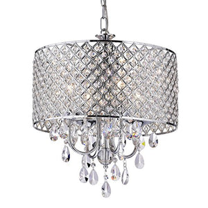 Edvivi Marya 4-Light Chrome Round Crystal Chandelier Ceiling Fixture | Beaded Drum Shade | Glam Lighting