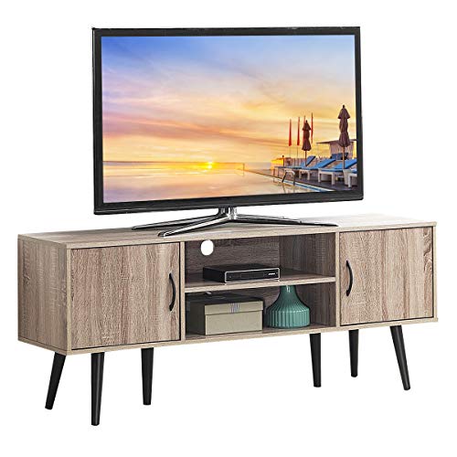 Tangkula Wooden TV Stand for TVs up to 60 Inches, Media Console with 2 Storage Cabinets &amp; Display Shelves, TV Console Storage TV Stand for Home Living Room Bedroom, Natural TV Stand (Light Walnut)