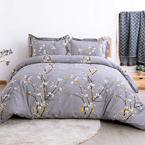 Bedsure Spring Bloom Pattern Bedding Set Full/Queen (90x90 inches) Duvet Cover Set Dark Grey Printed Modern Comforter Cover-3 Pieces-Ultra Soft Hypoallergenic Microfiber