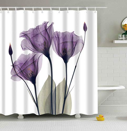 Mantto Home Decor Purple Gentian Trio X-Ray Flowers Shower Curtain with Minimalist Faded Effect Artsy Image, Waterproof Polyester Fabric Bathroom Curtain Set 72" x 72" (Purple Gentian)