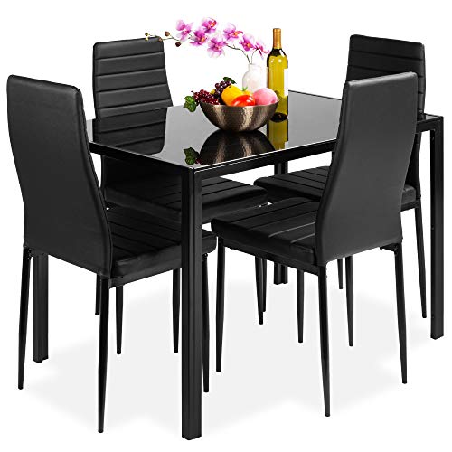 Best Choice Products 5-Piece Kitchen Dining Table Set w/Glass Tabletop, 4 Faux Leather Chairs - Black
