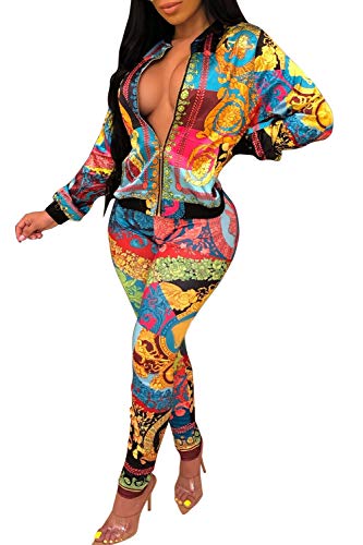YouSexy 2 Piece Outfits for Women Pants Sets Floral Print Long Sleeve Tracksuits Jumpsuits