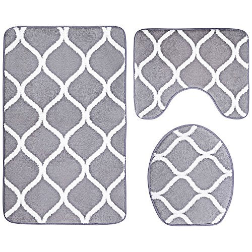 Over The Floor 3-Piece Bathroom Mat Set, Extra Soft Memory Foam Combo - Rug, Contour Mat and Lid Cover (Grey)