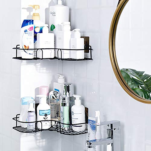 Laigoo Adhesive Bathroom Shelf, Metal Shower Caddy Corner Shelf Wall Mounted, Non-Drilling Floating Shelf for Bathroom Organizer/Kitchen/Shower Organizer (2 Pack, Black)