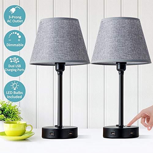Focondot Touch Control Lamps, Built in 2 USB ports and 1 AC Outlet Bedside Table Lamp, Gray Nightstand Lamps Include 2 Dimmable Edison LED Bulbs, Ideal USB Lamps for Bedroom Living Room Office(2 Pack)