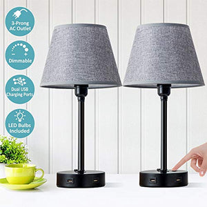 Focondot Touch Control Lamps, Built in 2 USB ports and 1 AC Outlet Bedside Table Lamp, Gray Nightstand Lamps Include 2 Dimmable Edison LED Bulbs, Ideal USB Lamps for Bedroom Living Room Office(2 Pack)