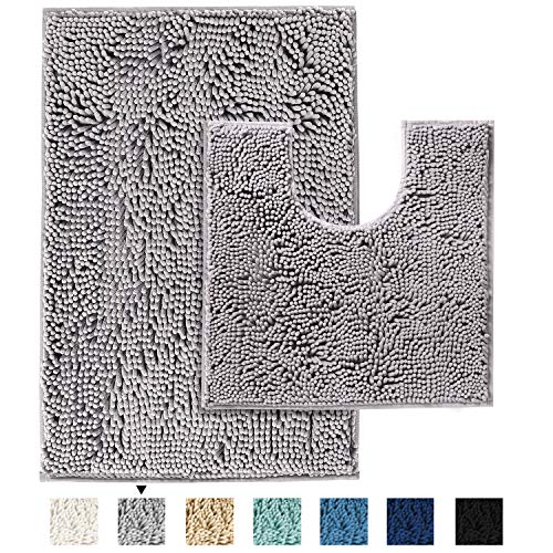 Bathroom Rugs Luxury Chenille Mat Set, Soft Plush Shower Rug + Toilet Mat, Microfiber Shaggy Carpet, Super Absorbent Mats, Machine Washable Bath Mats (Curved Set, 32" x 20"/20" x 20", Gray)