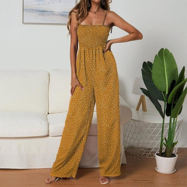 Jumpsuit Women Polka Dot High Waist Rompers Boho Yellow Spaghetti Strap Top Wide Leg Pants Female Summer 2019 Clothes Ladies