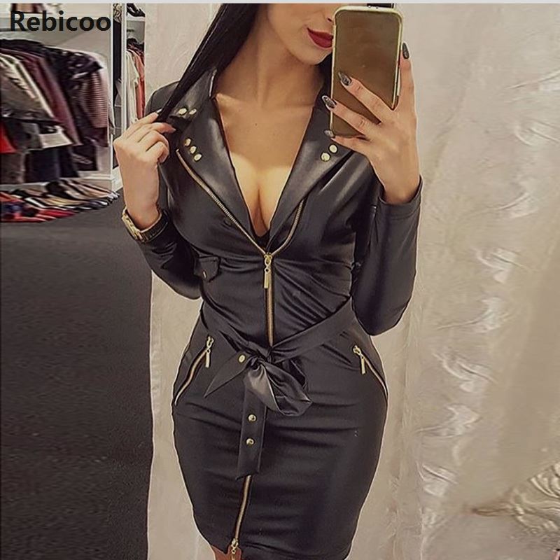 2019 Fashion PU Leather Dress Women V Neck Mini Long Sleeve Sexy Dress Christmas Sash Zipper Winter Black Short Dress Vestido