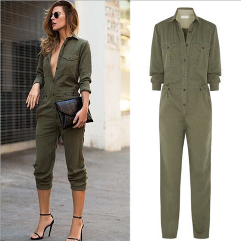 Hot Sale Fashion Autumn Casual Button Overall Pencil Pants Playsuits V-neck Turn-Down Collar Lady Romper Long Sleeve Jumpsuits