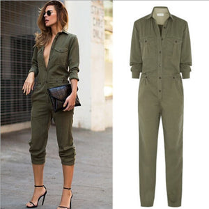 Hot Sale Fashion Autumn Casual Button Overall Pencil Pants Playsuits V-neck Turn-Down Collar Lady Romper Long Sleeve Jumpsuits