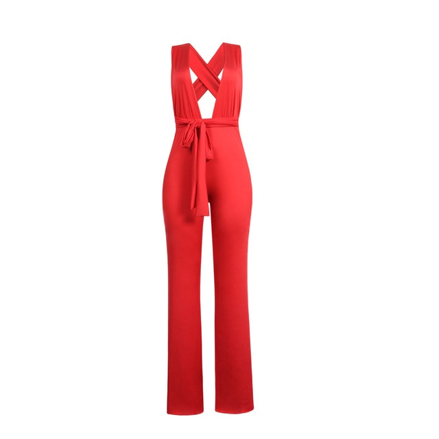 New Arrival Fashion Women Clothing Sexy V Neck Multi-way Jumpsuits Female Lace Up Bandage Sleeveless Wide Leg Autumn Playsuits