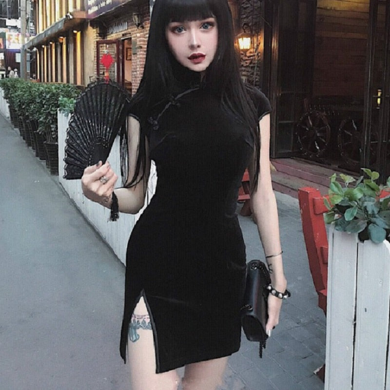 Summer Velvet Dress Women Dress Chinese Cheongsam Harajuku Sexy Dress Tight Dress Gothic Punk Black Pink Vestidos