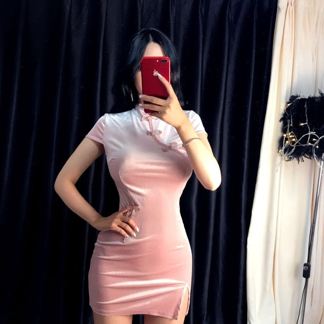 Summer Velvet Dress Women Dress Chinese Cheongsam Harajuku Sexy Dress Tight Dress Gothic Punk Black Pink Vestidos